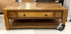 WOODEN COFFEE TABLE ON CASTERS WITH DRAWER