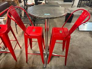 DESCRIPTION: 24" ROUND PUB TABLE W/ (2) RED METAL BAR STOOLS SIZE 24" R 42" T LOCATION: BAY 6 THIS LOT IS: ONE MONEY QTY: 1