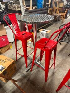 DESCRIPTION: 24" ROUND PUB TABLE W/ (2) RED METAL BAR STOOLS SIZE 24" R 42" T LOCATION: BAY 6 THIS LOT IS: ONE MONEY QTY: 1