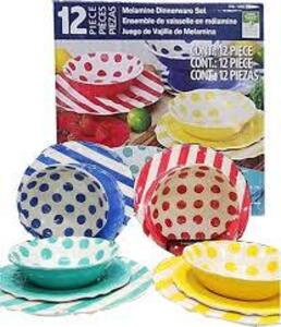 DESCRIPTION: (1) SET OF DINNERWARE BRAND/MODEL: MELAMINE INFORMATION: POLKA DOTS, MULTI COLORED SIZE: 12PIECES RETAIL$: $44.19 EA QTY: 1