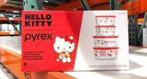 DESCRIPTION: (1) SET OF GLASS FOOD STORAGE BOWLS BRAND/MODEL: PYREX INFORMATION: HELLO KITTY DESIGN SIZE: 8 BOWLS RETAIL$: $48.99 TOTAL QTY: 1