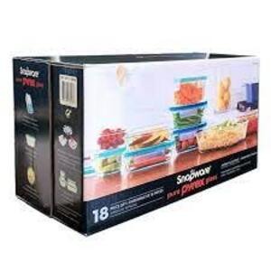 DESCRIPTION: (1) SET OF (18) PIECE SNAPWARE FOOD STORAGE DISHES BRAND/MODEL: PYREX SIZE: 18 PIECES RETAIL$: $45.60 EA QTY: 1