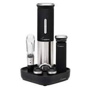 DESCRIPTION: (1) ELETRIC WINE OPENER KIT BRAND/MODEL: RABBIT INFORMATION: BLACK WITH STAINLESS STEEL SIZE: 4 PIECE RETAIL$: $24.99 EA QTY: 1