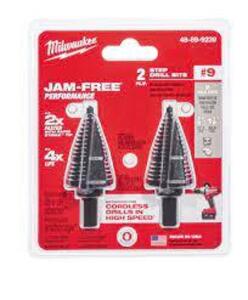 DESCRIPTION: (1) PACK OF (2) JAM FREE STEP DRILL BITS BRAND/MODEL: MILWAUKEE #48-89-9239 SIZE: #9, 7/8" TO 1-1/8" RETAIL$: $94.25 EA QTY: 1