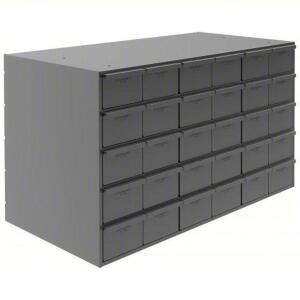 DESCRIPTION: (1) DRAWER BIN CABINET BRAND/MODEL: DURHAM MFG #3W400 INFORMATION: GRAY SIZE: 33 3/4 in x 17 3/4 in x 21 in, 30 Drawers, Stackable, RETAI