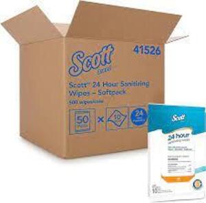 DESCRIPTION: (3) CASES OF (50) PACKS OF (10) 24 HOUR SANITIZING WIPES BRAND/MODEL: SCOTT #41526 RETAIL$: $47.28 EA QTY: 3