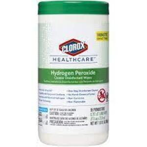 DESCRIPTION: (6) HYDROGEN PEROXIDE WIPES BRAND/MODEL: CLOROX HEALTHCARE SIZE: 95 WIPES PER CONTAINER RETAIL$: $10.00 EA QTY: 6