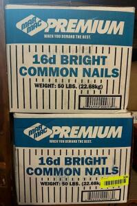 DESCRIPTION: (2) BOXES OF 16D BRIGHT COMMON NAILS ADDITIONAL INFORMATION 50 LB. BOXES LOCATION: WAREHOUSE THIS LOT IS: SOLD BY THE PIECE QTY: 2