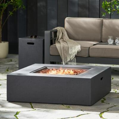 DESCRIPTION: (1) SQUARE OUTDOOR FIRE PIT TABLE BRAND/MODEL: GDF STUDIO #62838.00 INFORMATION: DARK GRAY SIZE: 50K BTU RETAIL$: $605.00 EA QTY: 1