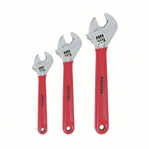 DESCRIPTION: (1) SET OF (3) ADJUSTABLE WRENCHES BRAND/MODEL: PROTO #787P95 INFORMATION: RED SIZE: STEEL, SATIN CHROME, 1 1/2 IN JAW CAPACITY, CUSHION