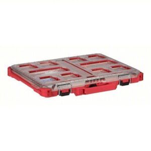 DESCRIPTION: (1) LOW PROFILE COMPACT ORGANIZER BRAND/MODEL: MILWAUKEE PACKOUT #499M3 INFORMATION: RED SIZE: 9 3/4 IN OVERALL WD, 15 1/4 IN OVERALL DP,