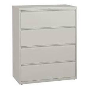 DESCRIPTION: (1) 4 DRAWER LATERAL FILING CABINET BRAND/MODEL: HIRSH #17461 INFORMATION: LIGHT GRAY SIZE: 42" W X 52.50" H X 18.63" D RETAIL$: $629.00