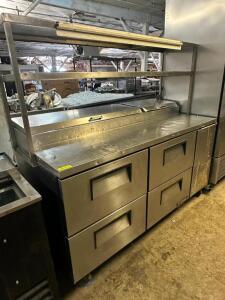 TRUE 67" PIZZA PREP TOP COOLER W/ RISER SHELF.