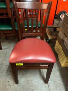 (8) WOODEN BAR BACK CHAIRS W/ MAROON CUSHION SEATS