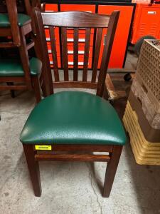 (8) WOODEN BAR BACK CHAIRS W/ GREEN CUSHION SEATS