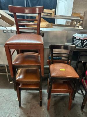 (6) ASSORTED WOODEN CHAIRS W/ TAN CUSHION SEATS.