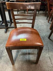 (8) ASSORTED WOODEN CHAIRS W/ TAN CUSHION SEATS.