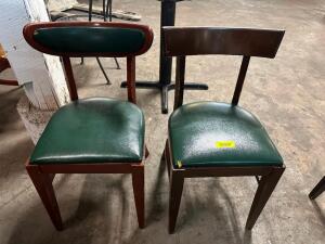 (6) ASSORTED WOODEN CHAIRS W/ GREEN CUSHION SEATS.