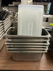 (6) 1/3 SIZE STAINLESS INSERTS W/ LIDS