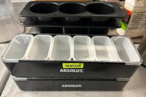 (3) PLASTIC BAR BOXES AND (2) THREE GROUP BOTTLE HOLDERS