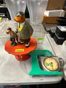 CAKE STAND, (2) FIGURINES, AND (1) WALL CLOCK