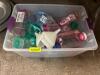 PLASTIC TOTE W/ ASSORTED PLASTIC BAR BOTTLES.