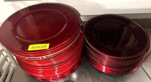 (36) ASSORTED 13" RED PLASTIC PLATE CHARGERS.