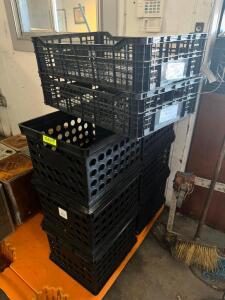 (6) ASSORTED BLACK PLASTIC CRATES AND TOTES