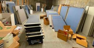 DESCRIPTION LARGE ASSORTMENT OF CUBICLE PARTITIONS AND OFFICE FURNITURE AS SHOWN LOCATION TOOL ROOM STORAGE THIS LOT IS ONE MONEY QUANTITY: X BID 1