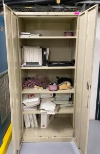 DESCRIPTION 2-DOOR METAL STORAGE CABINET W/ CONTENTS INCLUDED LOCATION TELEPHONE EQUIPMENT ROOM SIZE 36" X 24" X 80" THIS LOT IS ONE MONEY QUANTITY 1