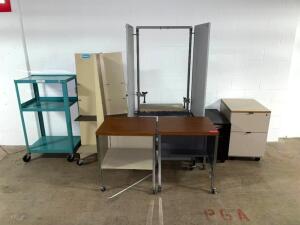 DESCRIPTION ASSORTED OFFICE FURNITURE AS SHOWN LOCATION MAIL ROOM HALLWAY THIS LOT IS ONE MONEY QUANTITY 1