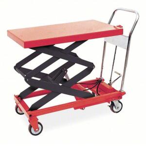 DESCRIPTION: (1) MANUAL MOBILE SCISSOR-LIFT TABLE BRAND/MODEL: DAYTON #3KR47 INFORMATION: LOAD CAPACITY: 800 LBS/RED/HYDRAULIC SIZE: 38-1/4"H X 38-1/2