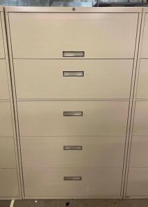 DESCRIPTION (6) 5-DRAWER FILING CABINETS LOCATION BASEMENT PALLET RACKING SIZE 36"X18'X64" THIS LOT IS SOLD BY THE PIECE QUANTITY: X BID 6