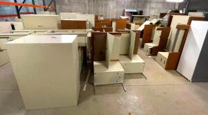 DESCRIPTION LARGE ASSORTMENT OF OFFICE DESKS, FILING CABINETS AS SHOWN LOCATION BASEMENT PALLET RACKING THIS LOT IS ONE MONEY QUANTITY: X BID 1