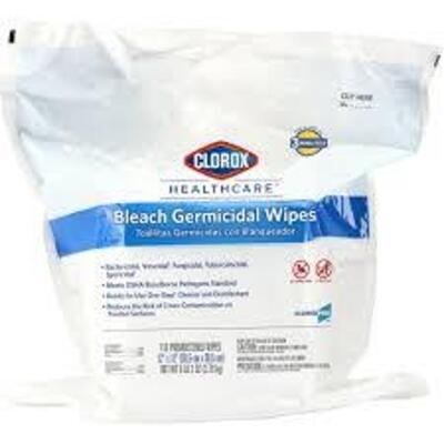 DESCRIPTION: (2) BAGS OF GERMICIDAL WIPES BRAND/MODEL: CLOROX HEALTHCARE SIZE: 110 PREMOISTENED WIPES RETAIL$: $20.00 EA QTY: 2