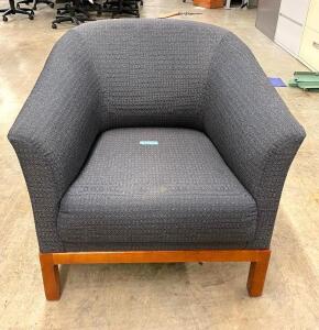 DESCRIPTION (4) UPHOLSTERED ARM CHAIRS- GRAY LOCATION PALLET RACKING THIS LOT IS SOLD BY THE PIECE QUANTITY 4