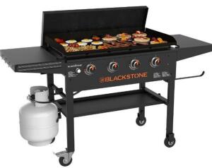 DESCRIPTION: (1) BLACKSTONE 4-BURNER GRIDDLE W/HARD TOP BRAND/MODEL: BLACKSTONE/2177 INFORMATION: 38,000 BTU, 2 SIDE SHELVES SIZE: 36", 768 SQ IN COOK