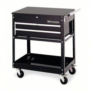 DESCRIPTION: (1) TOOL UTILITY CART BRAND/MODEL: WESTWARD #2CZY2 INFORMATION: BLACK SIZE: 30 IN WD, 20 IN DP, 31 IN HT, HINGE, KEYED, 3 DRAWERS RETAIL$