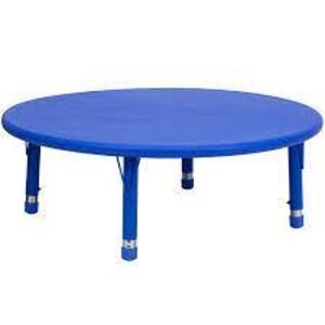 DESCRIPTION: (1) ROUND PLASTIC ADJUSTABLE HEIGHT KIDS TABLE BRAND/MODEL: FLASH FURNITURE #YU-YCX-005-2-ROUND INFORMATION: BLUE SIZE: 45" RETAIL$: $174