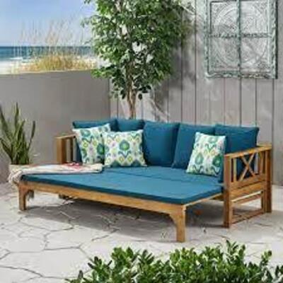 DESCRIPTION: (1) BEACH OUTDOOR EXTENDABLE DAYBED BRAND/MODEL: GDF STUDIO #74327.00 INFORMATION: DARK TEAL CUSHIONS AND TEAK WOOD RETAIL$: $488.00 EA Q