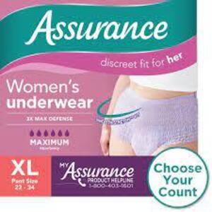 DESCRIPTION: (1) PACK OF (52) WOMENS DISPOSABLE ABSORBANT UNDERWEAR BRAND/MODEL: EQUAL ASSURANCE INFORMATION: MAXIUM ABSORBENCY SIZE: XL (PANT SIZE 22