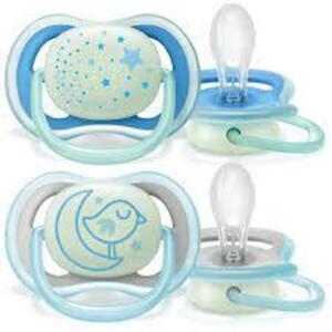 DESCRIPTION: (2) PCAKS OF (2) ULTRA AIR NIGHTTIME PACIFIER BRAND/MODEL: PHILIPS AVENT INFORMATION: BLUE SIZE: 6-18 MONTHS RETAIL$: $6.99 PER PACK QTY: