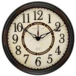 DESCRIPTION: (1) WALL CLOCK WITH DAYS OF THE WEEK BRAND/MODEL: BETTER HOMES AND GARDENS INFORMATION: BRONZE OIL RUBBED SIZE: 20" RETAIL$: $41.01 EA QT