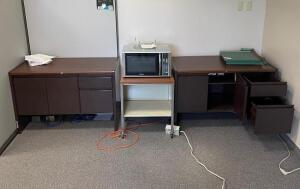 (2) - SMALL METAL OFFICE CABINETS / DESK WITH ROLLING STAND AND MICROWAVE