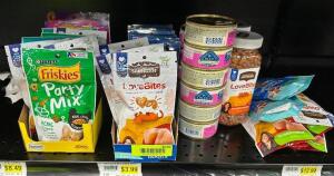 (1) LOT OF ASSORTED CAT FOOD AND SNACKS