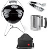 WEBER GRILL 14" SMOKEY JOE PORTABLE CHARCOAL GRILL WITH 2PC GRILL TOOL SET, RAPIDFIRE CHIMNEY STARTER AND CARRYING BAG RETAILS FOR $47.99, $26.99, $14.99, AND $24.99