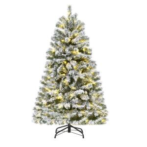 HOMCOM 4.5ft Snow Flocked Fake Christmas Tree with 400 Branches 200 LED Warm White Light for Holiday Decoration - Green