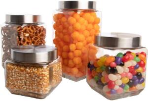 FARBERWARE 4PC GLASS CANISTER FOOD STORAGE CONTAINER SET RETAILS FOR $19.99