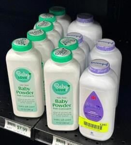 (11) BOTTLES OF ASSORTED BABY POWDER