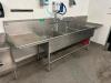 10' THREE WELL STAINLESS POT SINK W/ LEFT AND RIGHT DRY BOARDS AND DOUBLE FAUCET.